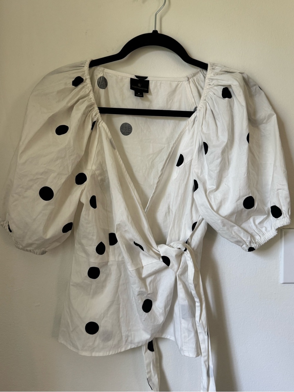 Worthington White Wrap Top with Black Polka Dots